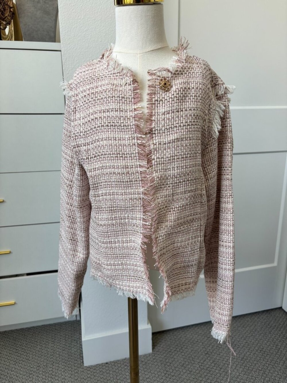 Tweed Pink White Jacket with Tassel Trim Size Medium (8-10)